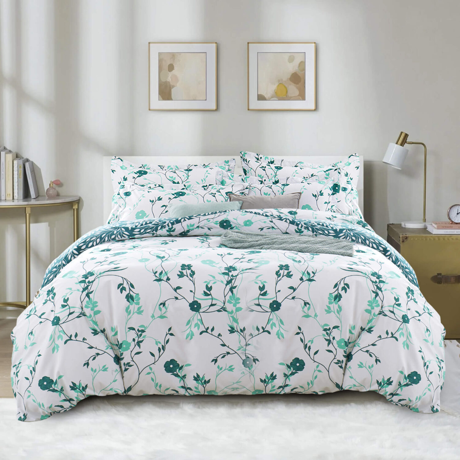 Green Flower Printed Duvet Cover Set
