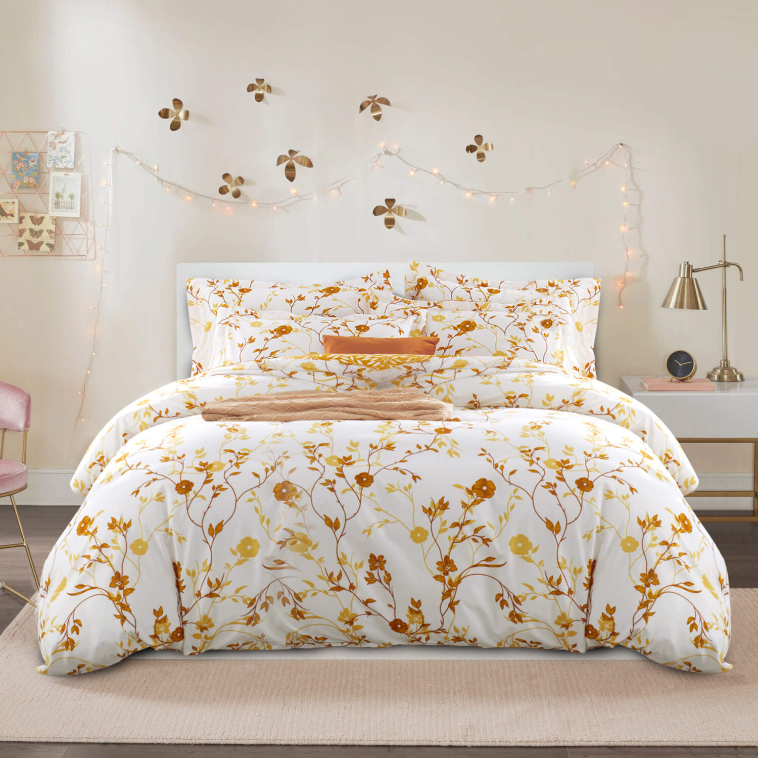 Ochre Flower Printed Duvet Cover Set